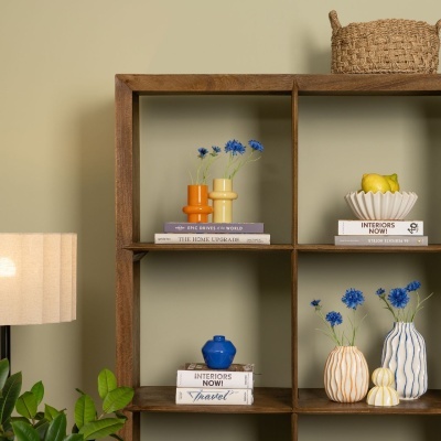 Estante de madeira com vasos cerâmicos e livros organizados, lâmpada e planta ao lado.