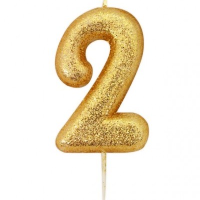 Vela dourada com glitter em forma do número 2 com palito para bolos