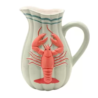 Jarro cerâmico branco com lagostim vermelho em relevo e riscas azuis