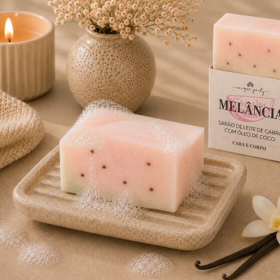 Sabonete sólido rosa com bolhas, embalagem MELÂNCIA, vela acesa, vaso com flores, toalha creme, flor branca e vagens de baunilha