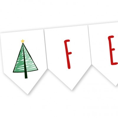 Bandeirola branca com árvore de Natal verde e letras vermelhas.