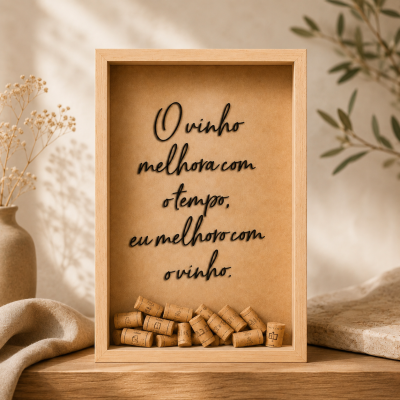 Moldura de madeira com texto em fundo castanho e rolhas na base