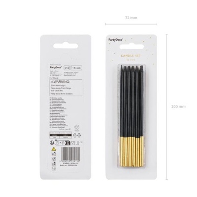 Conjunto de 12 velas decorativas pretas com base dourada em embalagem branca