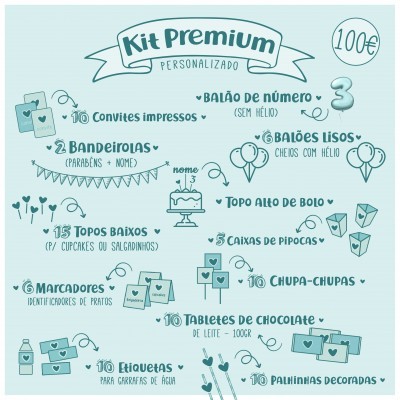 Kit Premium Personalizado com itens para festa, texto em português listing produtos inclusos e preço 100€