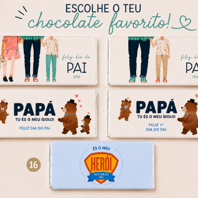 Barras de chocolate para o Dia do Pai com embalagens ilustradas e texto comemorativo em português.