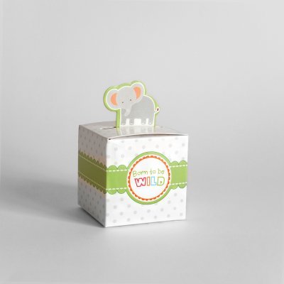 Caixa decorativa branca com elefante e texto Born to be WILD