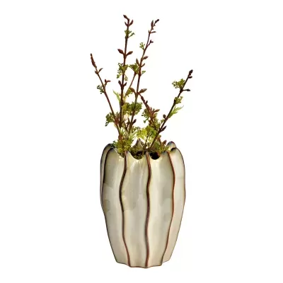 Vaso em cerâmica creme com bordas onduladas e ramos decorativos verdes e castanhos