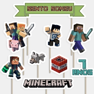 Decoração de festa com personagens do Minecraft em papel em pauzinhos