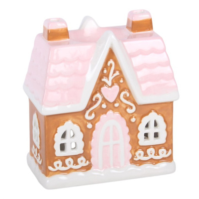 Casa decorativa em cerâmica estilo casa de gengibre em rosa, castanho e branco