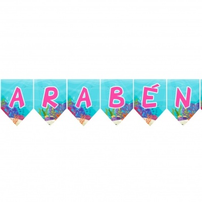 Bandeirola decorativa com letras rosas em fundo azul com tema submarino