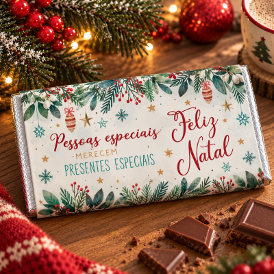 Barra de chocolate com embrulho natalício colorido e texto Feliz Natal, sobre mesa de madeira com pedaços de chocolate e decoração de Natal