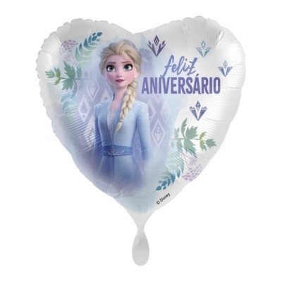 Balão metálico coração Disney com Elsa e texto feliz aniversário