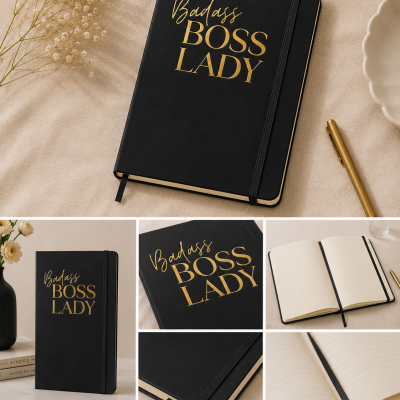 Caderno preto com capa dura e texto dourado Badass BOSS LADY, com elástico e fita marcador, páginas pautadas, caneta dourada, flores e decoração ao fundo.