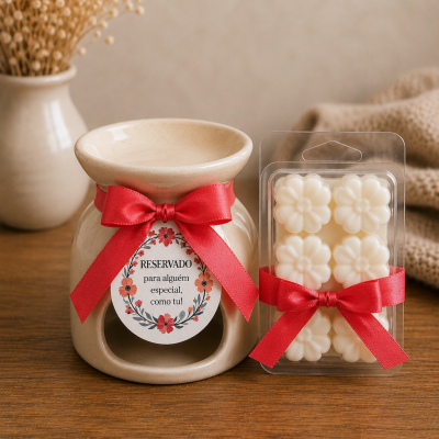 Conjunto de aromatizador cerâmico bege e pastilhas de cera brancas em embalagem plástica