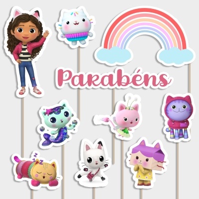 Figuras de cartão de personagens infantis e decoração com texto Parabéns