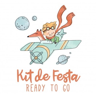 Menino loiro a pilotar avião azul com raposa e planetas, texto Kit de Festa READY TO GO