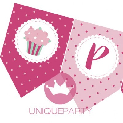 Faixa decorativa rosa com cupcake, letra 'p' e texto UNIQUEPARTY