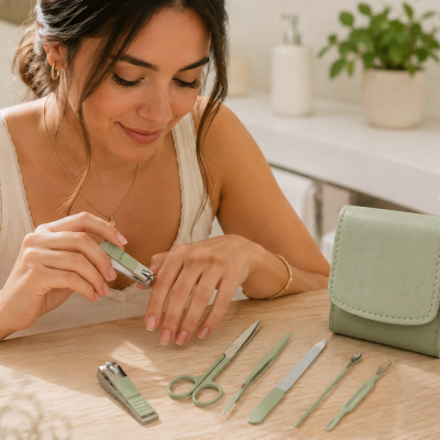 Conjunto de manicura verde com estojo e acessórios sobre mesa de madeira