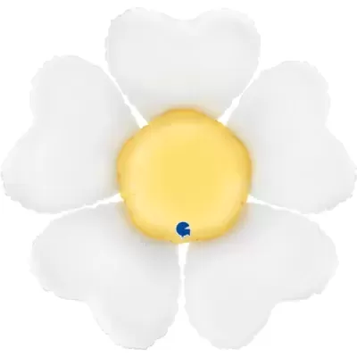 Flor artificial branca com centro amarelo e marca azul