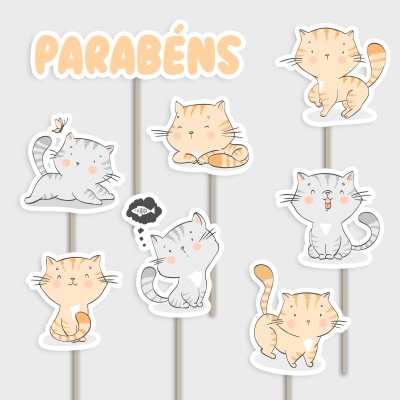Toppers para bolos com desenhos de gatos e texto 'PARABÉNS'