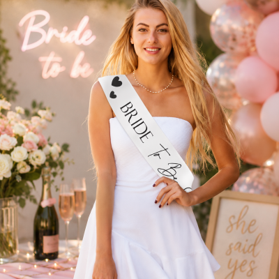 Mulher com faixa branca BRIDE to Be em festa decorada com balões rosa e champanhe