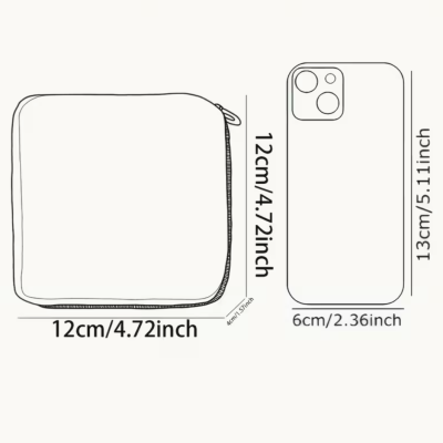 Estojo quadrado com fecho e smartphone desenhados com dimensões em cm e polegadas