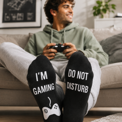 Meias pretas com texto e desenho branco usadas por homem sentado no sofá a jogar videojogos