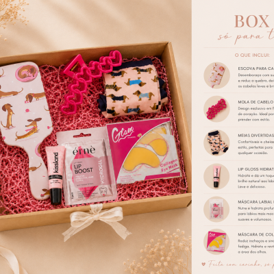 Caixa de presente com escova, mola de cabelo, meias, gloss labial, máscara labial Lip Boost e máscara colagénio