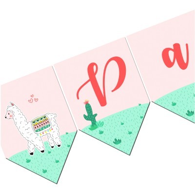 Bandeirola decorativa com lhama, cacto e letras cursivas vermelhas sobre fundo rosa e verde