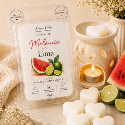 Pack de wax melts de melancia e lima com vela e decoração de flores em tom bege