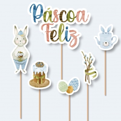 Toppers de papel para decoração de Páscoa com tema de coelhos, ovos e bolo