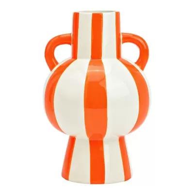 Vaso cerâmico laranja e branco com riscas verticais e duas pegas