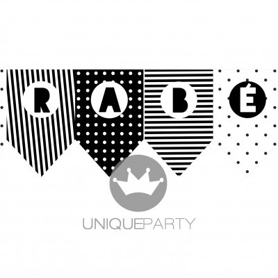 Bandeirola de festa branca e preta com a palavra 'PARABÉNS'