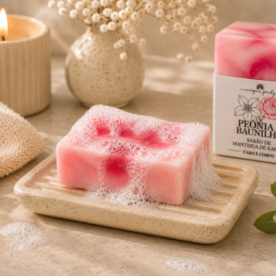 Sabonete rosa com espuma numa saboneteira bege ao lado de embalagem de sabonete peónia e baunilha
