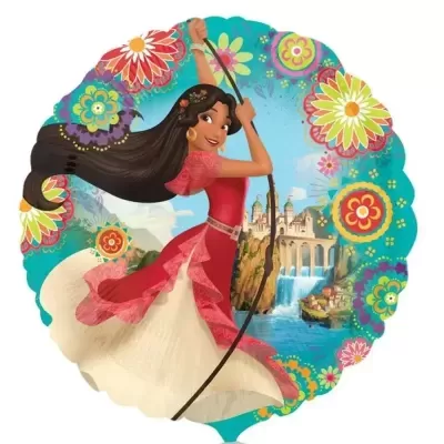 Balão redondo com personagem feminina vestida de vermelho e branco com flores e castelo ao fundo