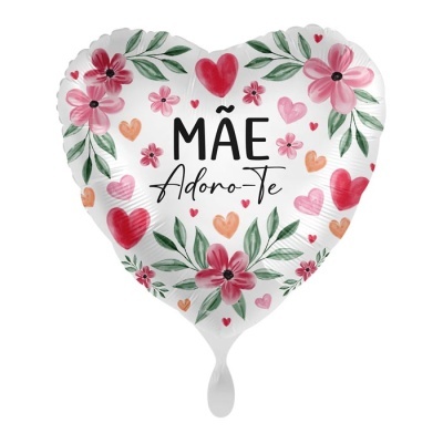Balão em forma de coração com flores e texto MÃE Adoro-Te.