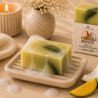 Sabão verde com espuma num suporte, embalagem ao lado com texto CÔCO E MANGA, vela acesa, flores secas, manga e côco, fundo bege