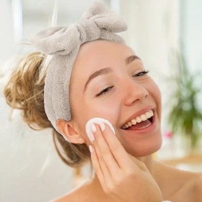 Mulher a limpar o rosto com disco de algodão e faixa de cabelo cinza