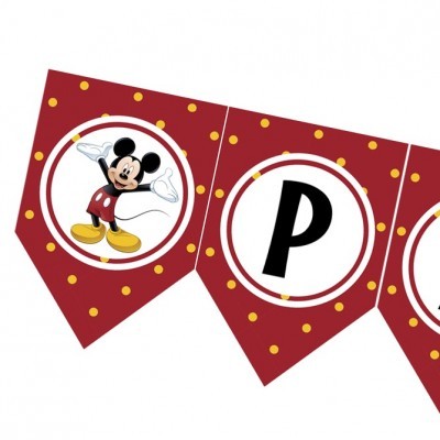 Faixa decorativa vermelha com Mickey Mouse e a letra P