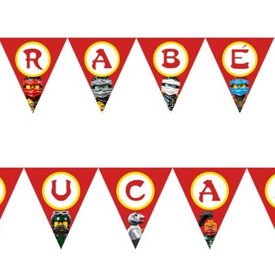 Bandeirola triangular colorida com texto PARABÉNS LUCAS e personagens animados