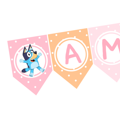 Bandeirola decorativa com personagem de cão azul e letras A e M em rosa em fundo colorido com pontos brancos