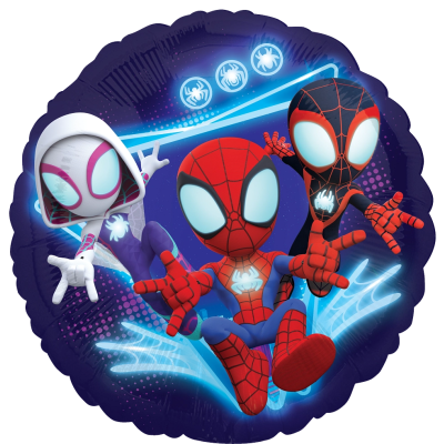 Balão redondo azul escuro com personagens do Spiderman