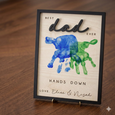 Quadro decorativo com impressões de mãos azuis e verdes e texto para dia do pai em madeira clara e moldura preta