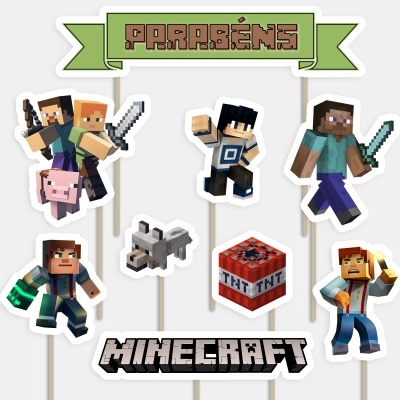 Toppers de bolo Minecraft com personagens e cubo de TNT em papel/cartão e palitos de madeira