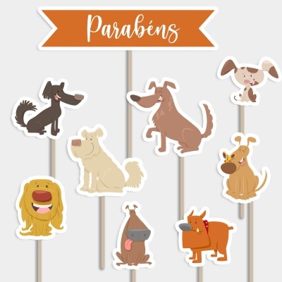 Decorações para bolo com cães em papel e palitos de madeira, sinal laranja com texto 'Parabéns'
