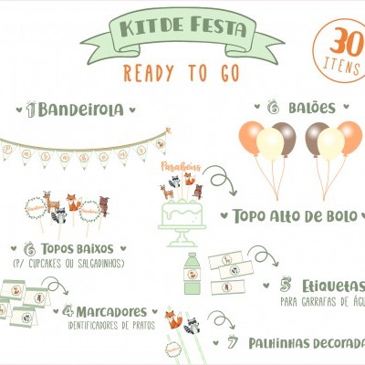 Kit de festa com 30 itens incluindo bandeirola, balões, topos de bolo, etiquetas, marcadores e palhinhas decoradas