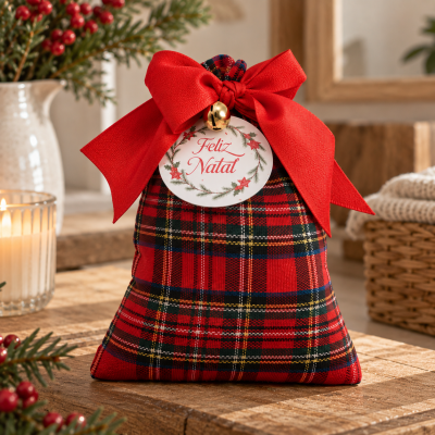 Saco decorativo xadrez vermelho com laço vermelho e etiqueta Feliz Natal numa mesa de madeira