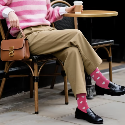 Pessoa com roupa casual rosa, calças bege, meias cor-de-rosa com corações, sapatos pretos e mala castanha sentada numa cadeira com uma mesa de café.