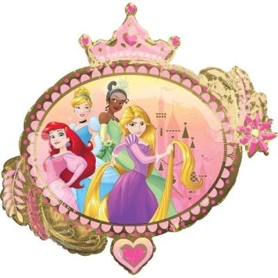 Balão metalizado com princesas Disney e coroa rosa e dourada