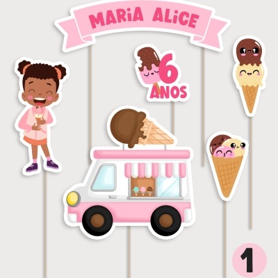 Decoração para festa infantil com tema de gelados e texto 'MARIA ALICE 6 ANOS'
